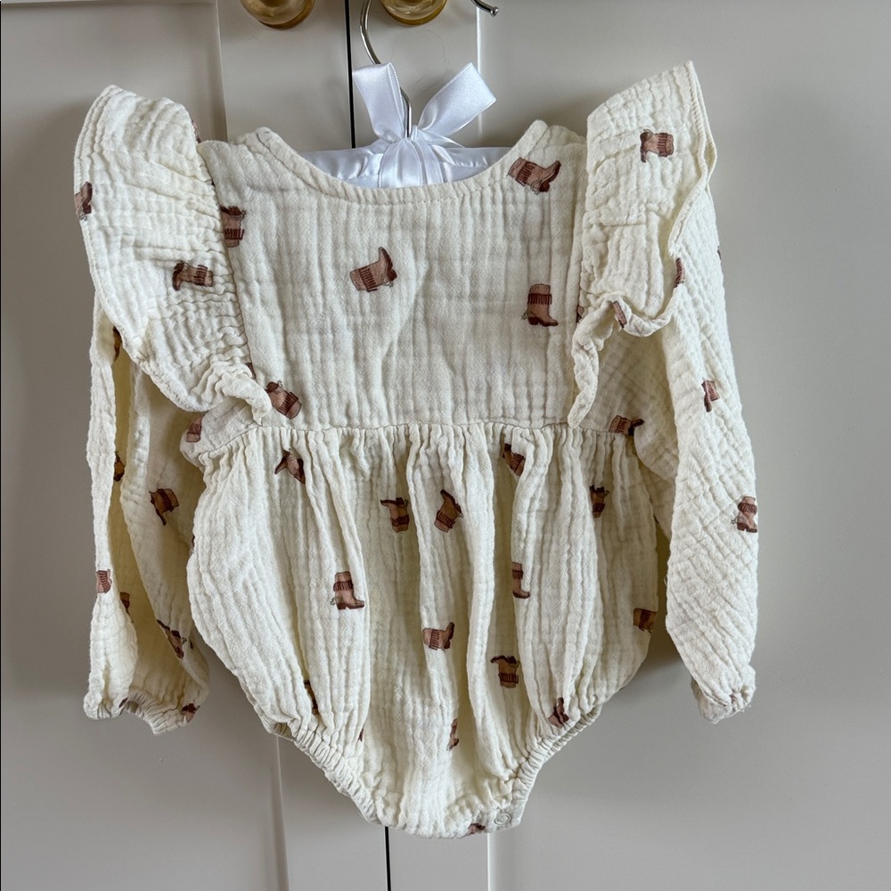 Rylee + Cru Cream Gauze One-Piece with Brown Boot Print